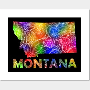 Colorful mandala art map of Montana with text in multicolor pattern Posters and Art